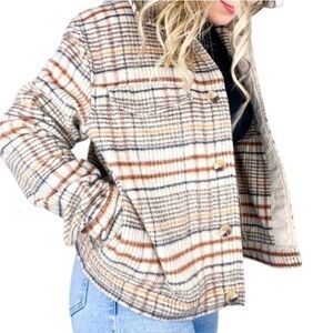 Joie Wool Women’s Button Front Pockets Plaid Jacket Shacket Tan Brown Size Small